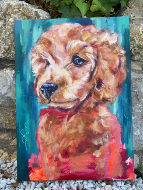 Golden original dog painting by Emma-Sofia, a golden puppy against a deep teal background