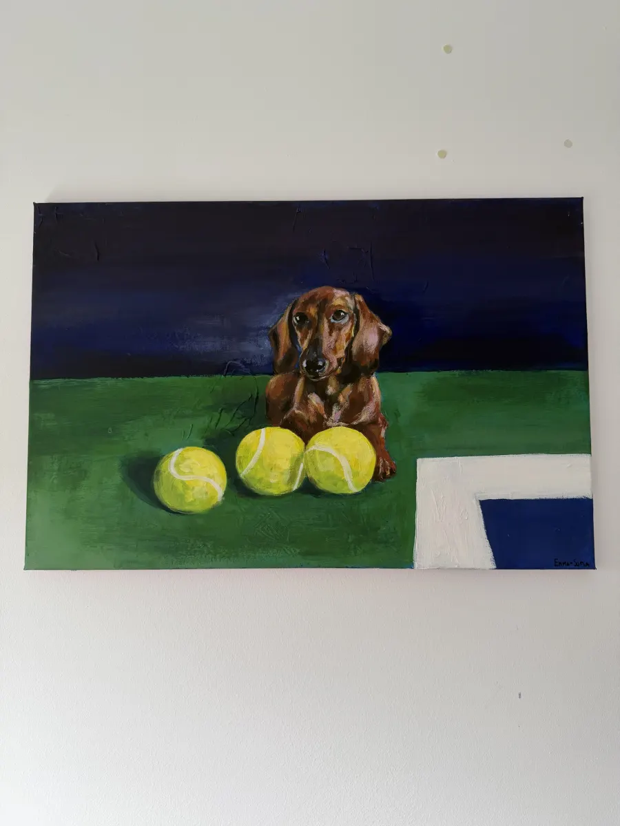 Hard Court Season original mixed media painting by Emma-Sofia, a dachshund with tennis balls on a blue hard court