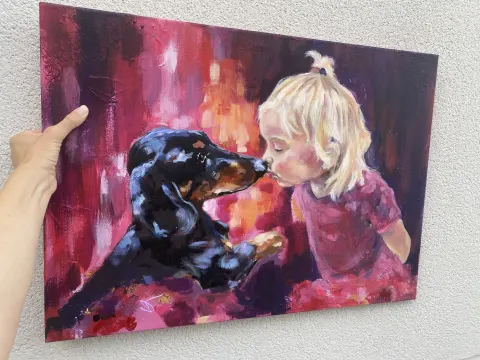 Sweetest Moments original child and dog painting by Emma-Sofia